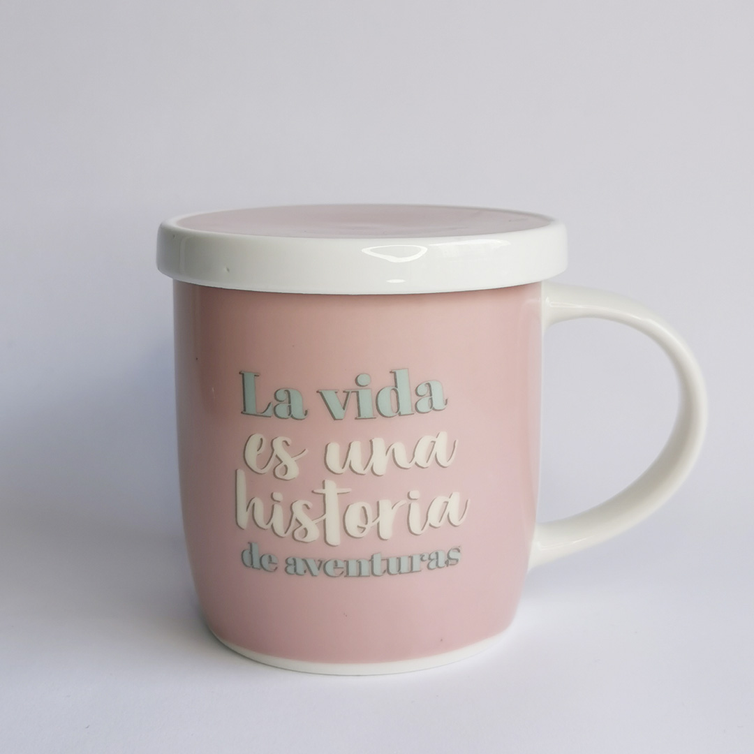 celestial Prima Illinois Taza con filtro y tapa «La vida es una historia» rosa – Entre Tés y Cafés